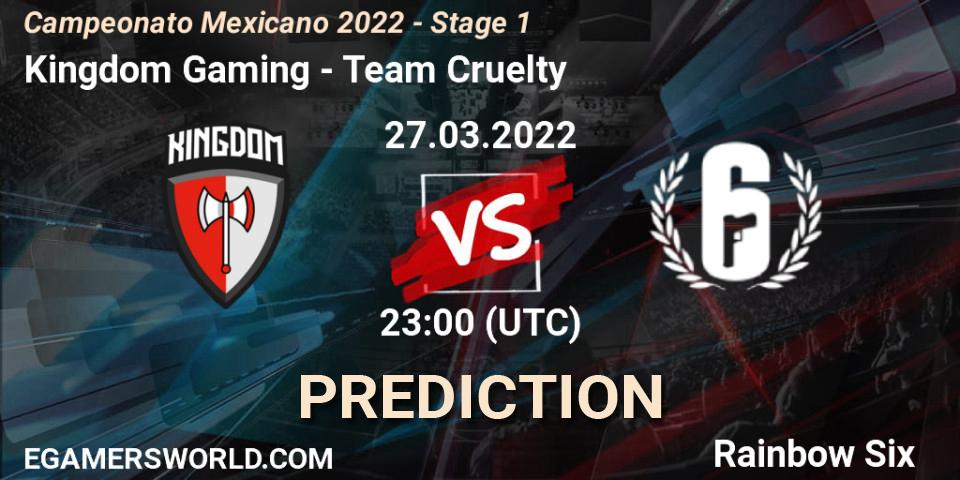 Prognose für das Spiel Kingdom Gaming VS Team Cruelty. 27.03.2022 at 23:00. Rainbow Six - Campeonato Mexicano 2022 - Stage 1
