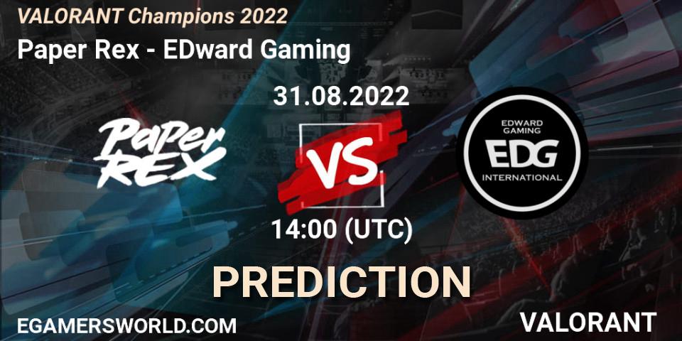 Prognose für das Spiel Paper Rex VS EDward Gaming. 31.08.2022 at 14:20. VALORANT - VALORANT Champions 2022