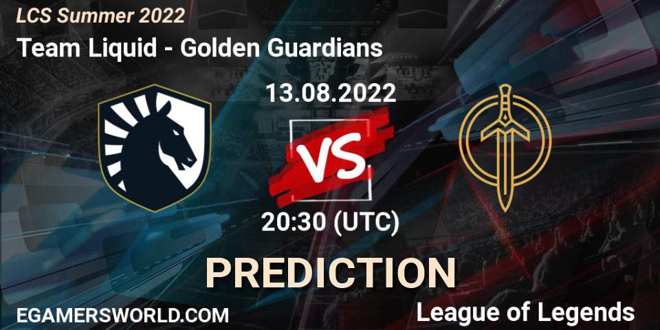 Prognose für das Spiel Team Liquid VS Golden Guardians. 13.08.22. LoL - LCS Summer 2022