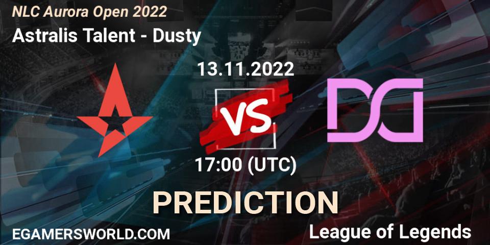 Prognose für das Spiel Astralis Talent VS Dusty. 13.11.2022 at 17:00. LoL - NLC Aurora Open 2022
