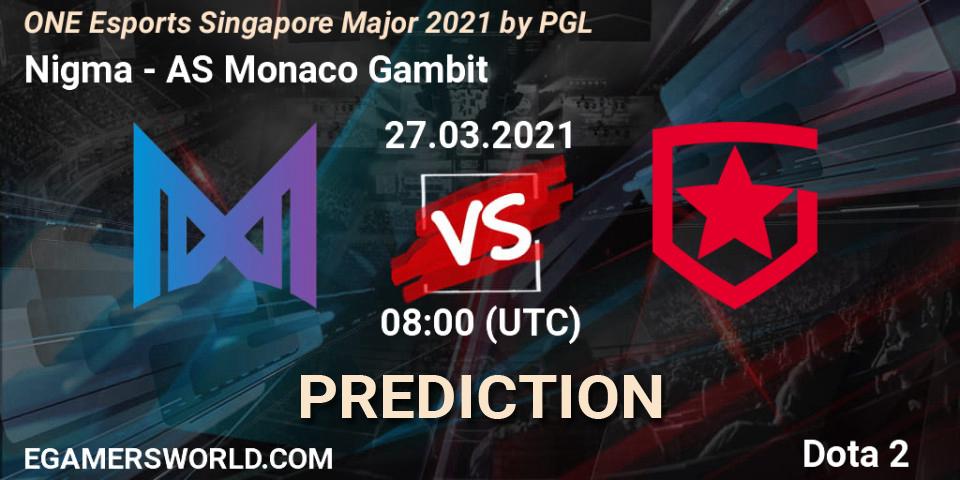 Prognose für das Spiel Nigma VS AS Monaco Gambit. 27.03.2021 at 09:10. Dota 2 - ONE Esports Singapore Major 2021