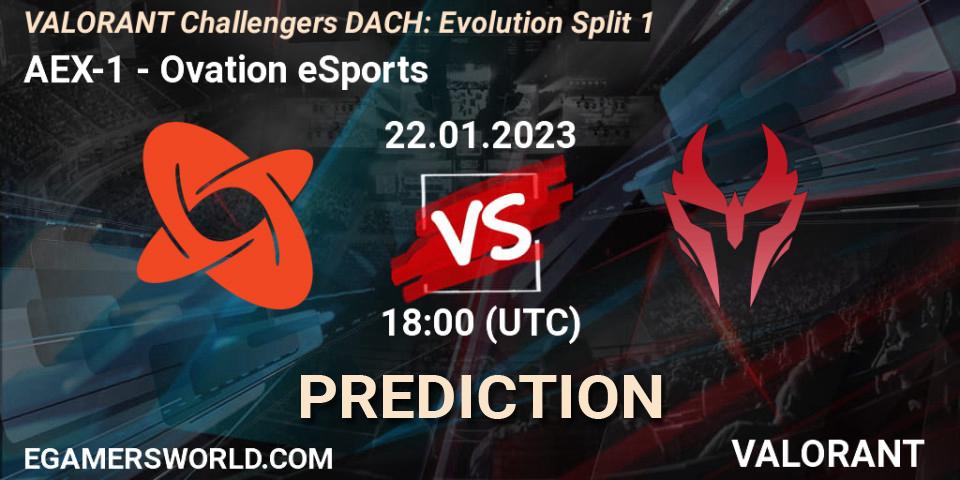 Prognose für das Spiel AEX-1 VS Ovation eSports. 22.01.2023 at 18:00. VALORANT - VALORANT Challengers 2023 DACH: Evolution Split 1