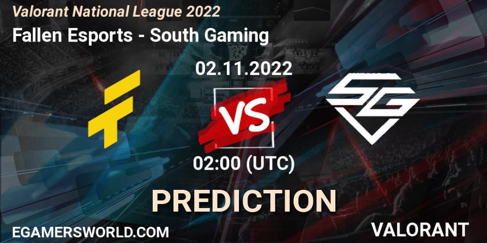 Prognose für das Spiel Fallen Esports VS South Gaming. 02.11.2022 at 02:10. VALORANT - Valorant National League 2022