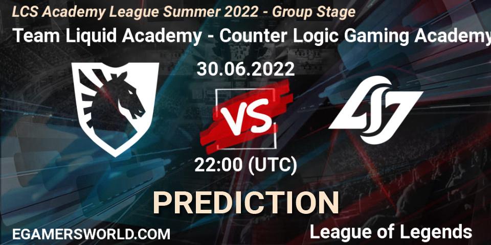 Prognose für das Spiel Team Liquid Academy VS Counter Logic Gaming Academy. 30.06.2022 at 22:00. LoL - LCS Academy League Summer 2022 - Group Stage