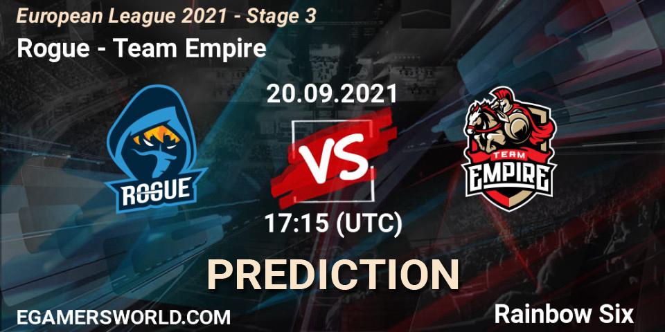 Prognose für das Spiel Rogue VS Team Empire. 20.09.2021 at 17:15. Rainbow Six - European League 2021 - Stage 3