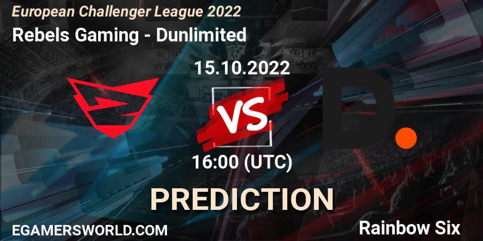 Prognose für das Spiel Rebels Gaming VS Dunlimited. 15.10.2022 at 16:00. Rainbow Six - European Challenger League 2022