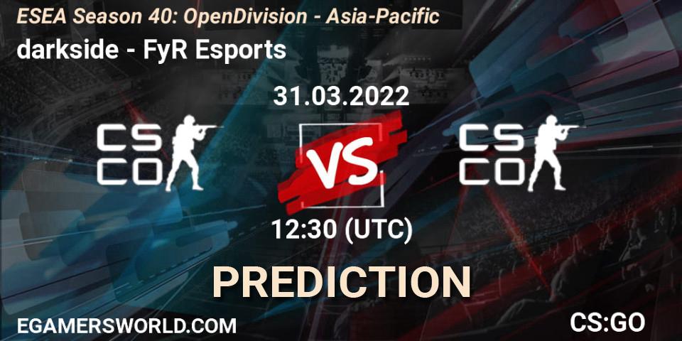 Prognose für das Spiel darkside VS FyR Esports. 01.04.2022 at 13:30. Counter-Strike (CS2) - ESEA Season 40: Open Division - Asia-Pacific