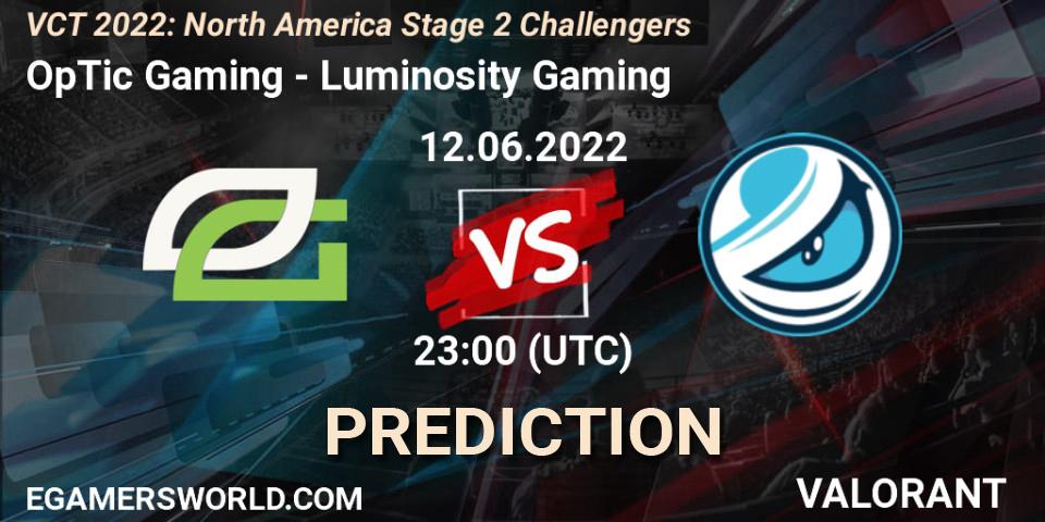 Prognose für das Spiel OpTic Gaming VS Luminosity Gaming. 12.06.2022 at 22:05. VALORANT - VCT 2022: North America Stage 2 Challengers