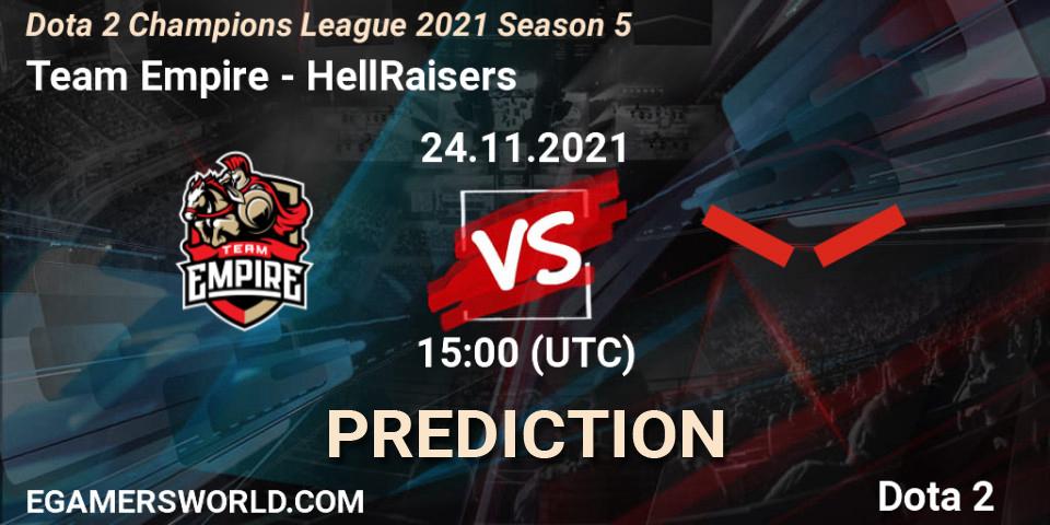 Prognose für das Spiel Team Empire VS HellRaisers. 24.11.2021 at 15:00. Dota 2 - Dota 2 Champions League 2021 Season 5