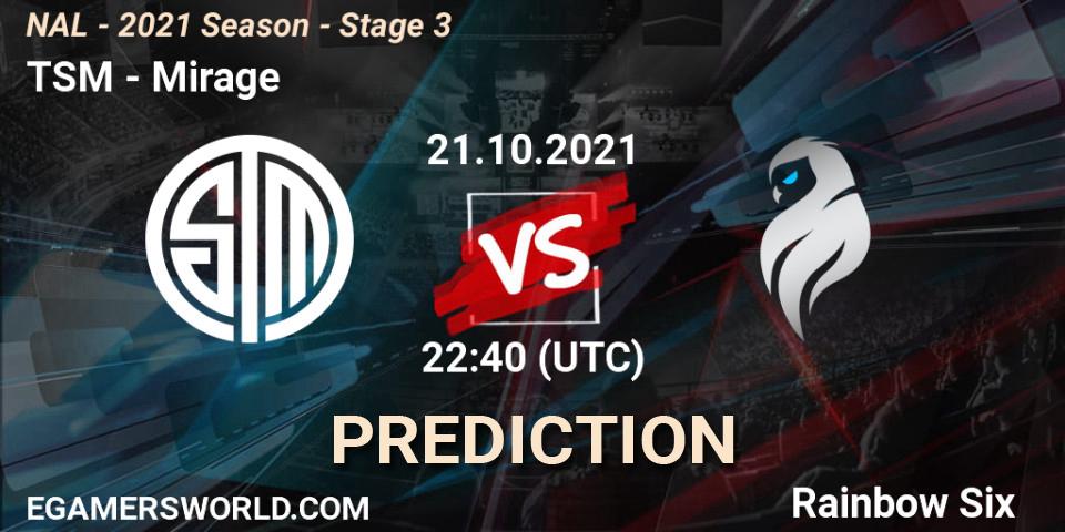 Prognose für das Spiel TSM VS Mirage. 21.10.2021 at 22:40. Rainbow Six - NAL - 2021 Season - Stage 3