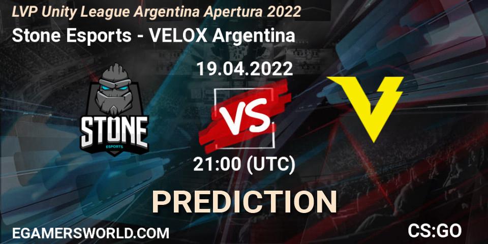 Prognose für das Spiel Stone Esports VS VELOX Argentina. 03.05.2022 at 21:00. Counter-Strike (CS2) - LVP Unity League Argentina Apertura 2022