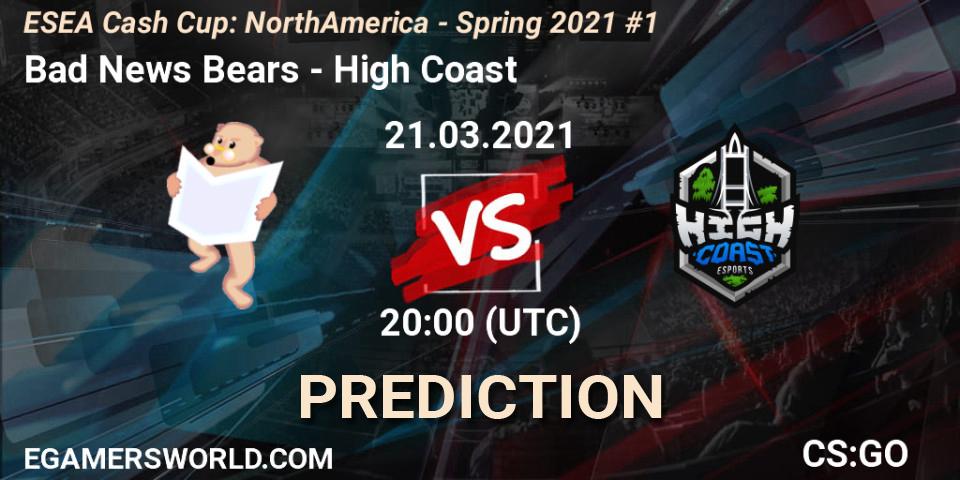 Prognose für das Spiel Bad News Bears VS High Coast. 21.03.2021 at 20:00. Counter-Strike (CS2) - ESEA Cash Cup: North America - Spring 2021 #1