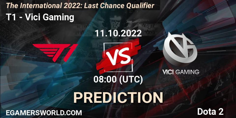 Prognose für das Spiel T1 VS Vici Gaming. 11.10.2022 at 07:15. Dota 2 - The International 2022: Last Chance Qualifier