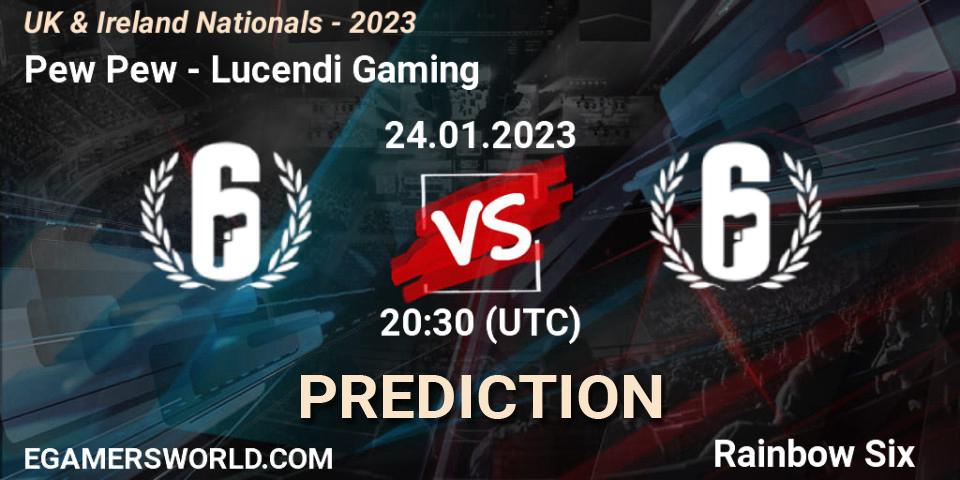 Prognose für das Spiel Pew Pew VS Lucendi Gaming. 24.01.2023 at 20:30. Rainbow Six - UK & Ireland Nationals - 2023