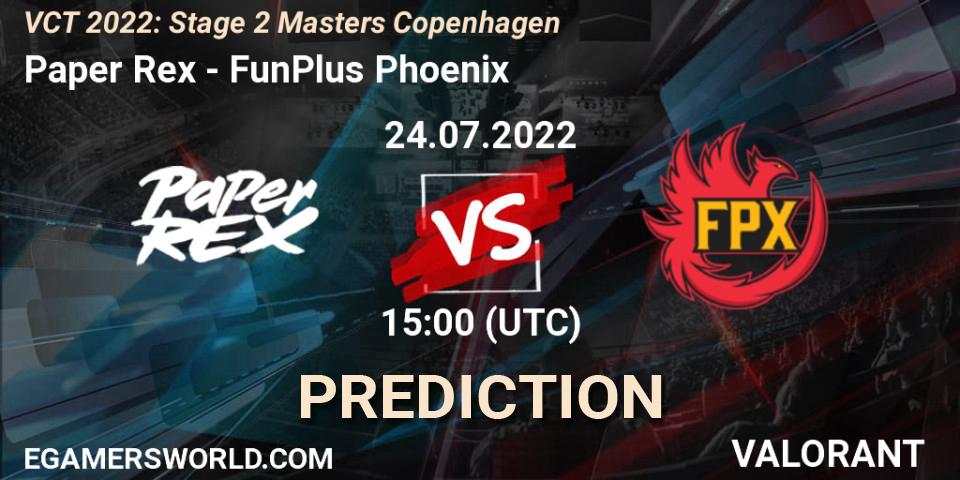 Prognose für das Spiel Paper Rex VS FunPlus Phoenix. 24.07.2022 at 15:15. VALORANT - VCT 2022: Stage 2 Masters Copenhagen