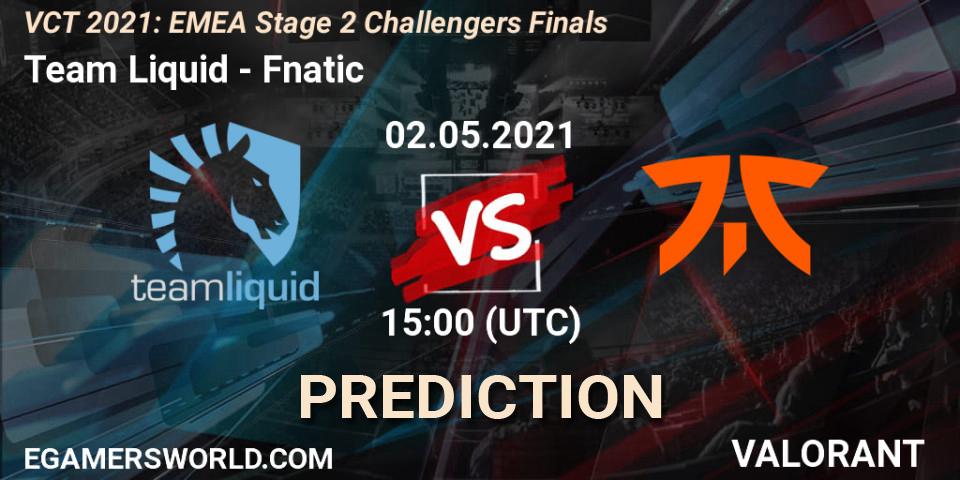 Prognose für das Spiel Team Liquid VS Fnatic. 02.05.2021 at 15:00. VALORANT - VCT 2021: EMEA Stage 2 Challengers Finals