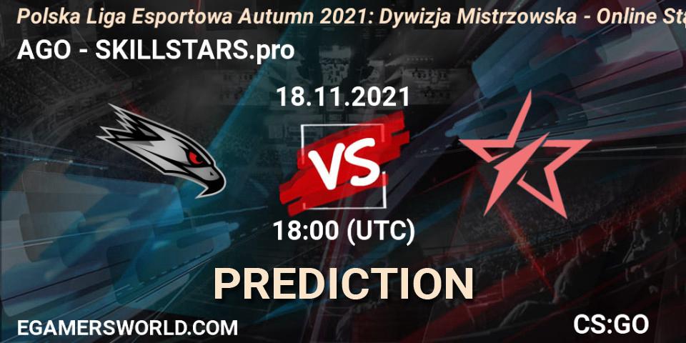 Prognose für das Spiel AGO VS SKILLSTARS.pro. 18.11.2021 at 18:00. Counter-Strike (CS2) - Polska Liga Esportowa Autumn 2021: Dywizja Mistrzowska - Online Stage