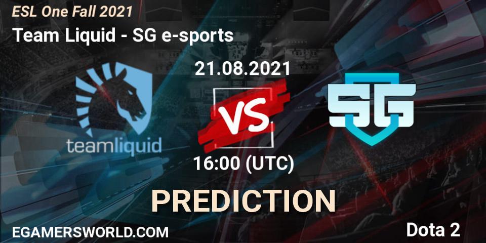 Prognose für das Spiel Team Liquid VS SG e-sports. 21.08.2021 at 15:55. Dota 2 - ESL One Fall 2021