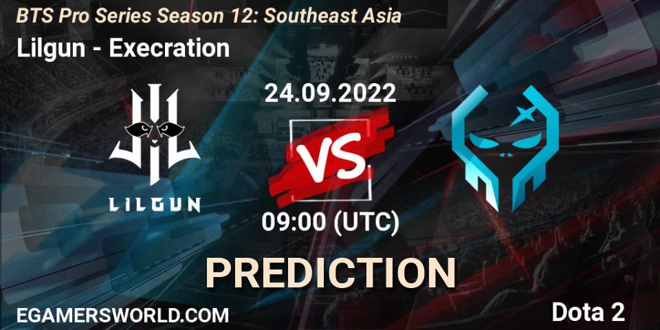 Prognose für das Spiel Lilgun VS Execration. 24.09.2022 at 09:04. Dota 2 - BTS Pro Series Season 12: Southeast Asia