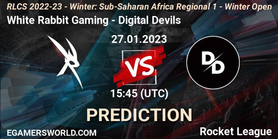 Prognose für das Spiel White Rabbit Gaming VS Digital Devils. 27.01.2023 at 15:45. Rocket League - RLCS 2022-23 - Winter: Sub-Saharan Africa Regional 1 - Winter Open