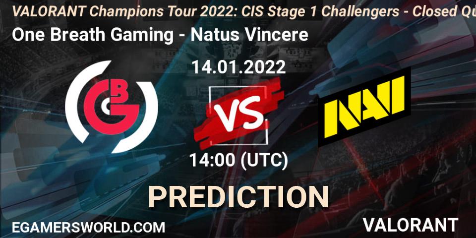 Prognose für das Spiel One Breath Gaming VS Natus Vincere. 14.01.2022 at 14:00. VALORANT - VCT 2022: CIS Stage 1 Challengers - Closed Qualifier 1