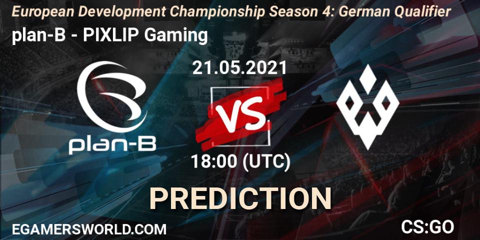 Prognose für das Spiel plan-B VS PIXLIP Gaming. 21.05.2021 at 18:00. Counter-Strike (CS2) - European Development Championship Season 4: German Qualifier