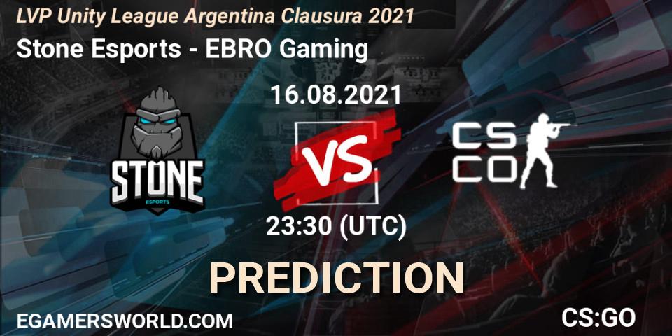Prognose für das Spiel Stone Esports VS EBRO Gaming. 23.08.2021 at 23:30. Counter-Strike (CS2) - LVP Unity League Argentina Clausura 2021