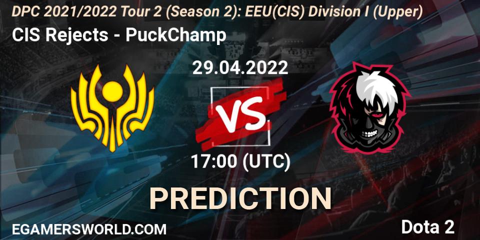 Prognose für das Spiel CIS Rejects VS PuckChamp. 29.04.2022 at 17:00. Dota 2 - DPC 2021/2022 Tour 2 (Season 2): EEU(CIS) Division I (Upper)