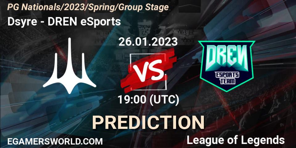 Prognose für das Spiel Dsyre VS DREN eSports. 26.01.2023 at 19:00. LoL - PG Nationals Spring 2023 - Group Stage