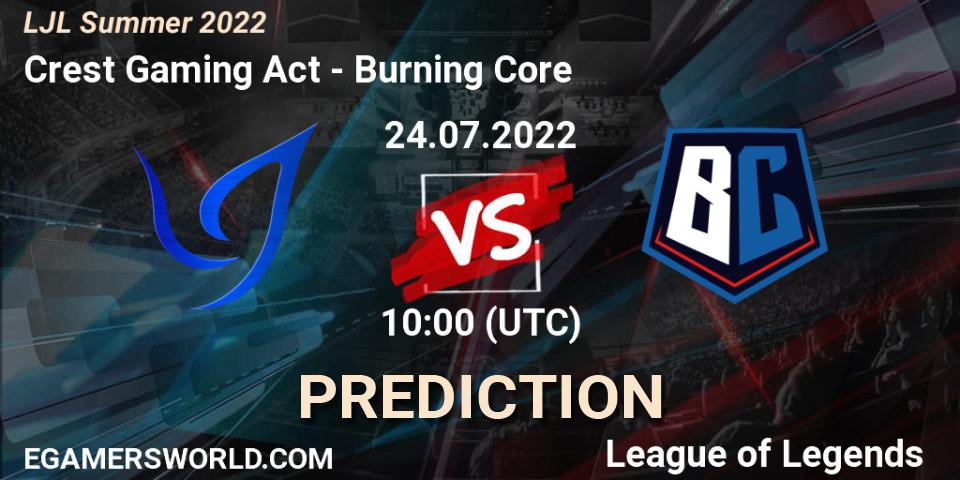 Prognose für das Spiel Crest Gaming Act VS Burning Core. 24.07.2022 at 10:00. LoL - LJL Summer 2022