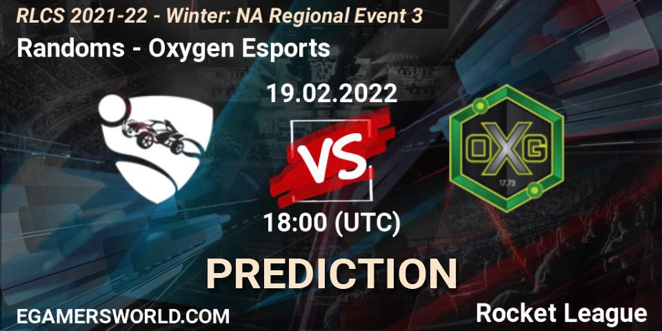 Prognose für das Spiel Randoms VS Oxygen Esports. 19.02.2022 at 18:00. Rocket League - RLCS 2021-22 - Winter: NA Regional Event 3