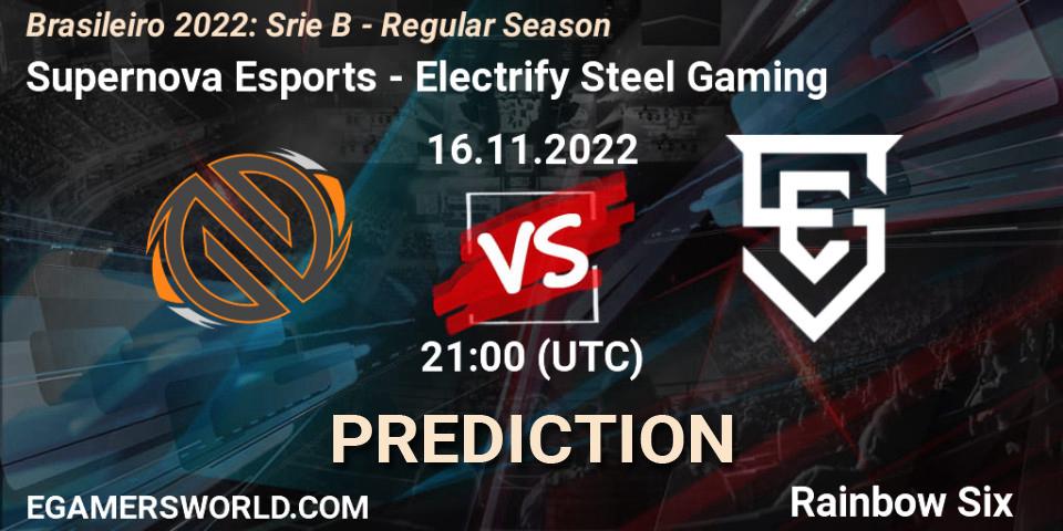 Prognose für das Spiel Supernova Esports VS Electrify Steel Gaming. 16.11.2022 at 21:00. Rainbow Six - Brasileirão 2022: Série B - Regular Season