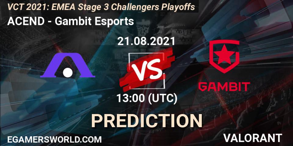 Prognose für das Spiel ACEND VS Gambit Esports. 21.08.2021 at 13:00. VALORANT - VCT 2021: EMEA Stage 3 Challengers Playoffs