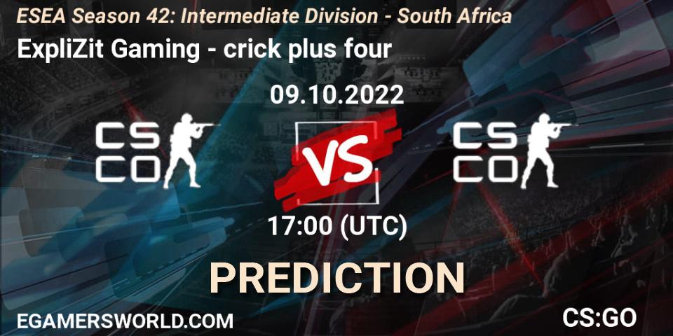 Prognose für das Spiel ExpliZit Gaming VS crick plus four. 09.10.2022 at 17:00. Counter-Strike (CS2) - ESEA Season 42: Intermediate Division - South Africa