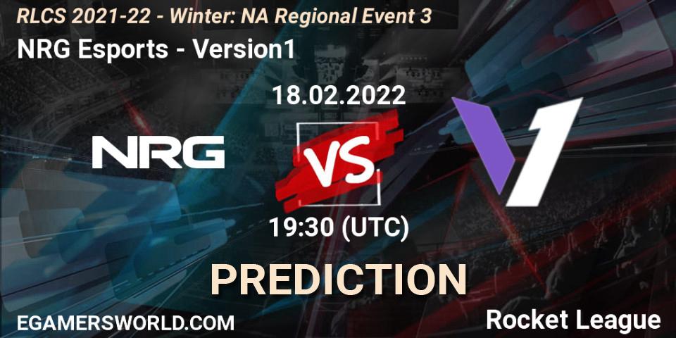 Prognose für das Spiel NRG Esports VS Version1. 18.02.2022 at 19:30. Rocket League - RLCS 2021-22 - Winter: NA Regional Event 3