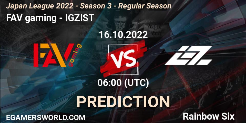 Prognose für das Spiel FAV gaming VS IGZIST. 16.10.2022 at 06:00. Rainbow Six - Japan League 2022 - Season 3 - Regular Season