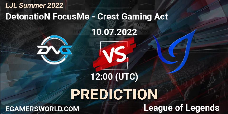 Prognose für das Spiel DetonatioN FocusMe VS Crest Gaming Act. 10.07.2022 at 12:00. LoL - LJL Summer 2022