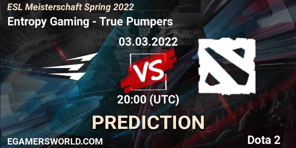 Prognose für das Spiel Entropy Gaming VS True Pumpers. 03.03.2022 at 20:00. Dota 2 - ESL Meisterschaft Spring 2022