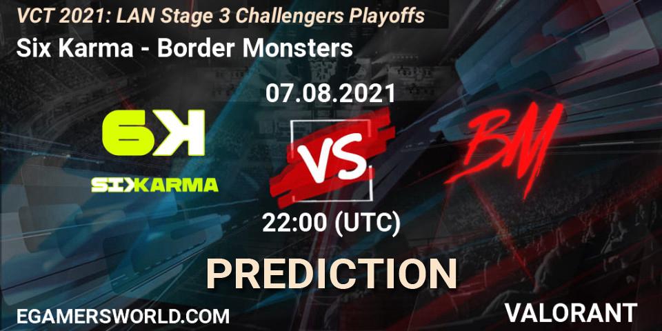 Prognose für das Spiel Six Karma VS Border Monsters. 07.08.2021 at 22:00. VALORANT - VCT 2021: LAN Stage 3 Challengers Playoffs