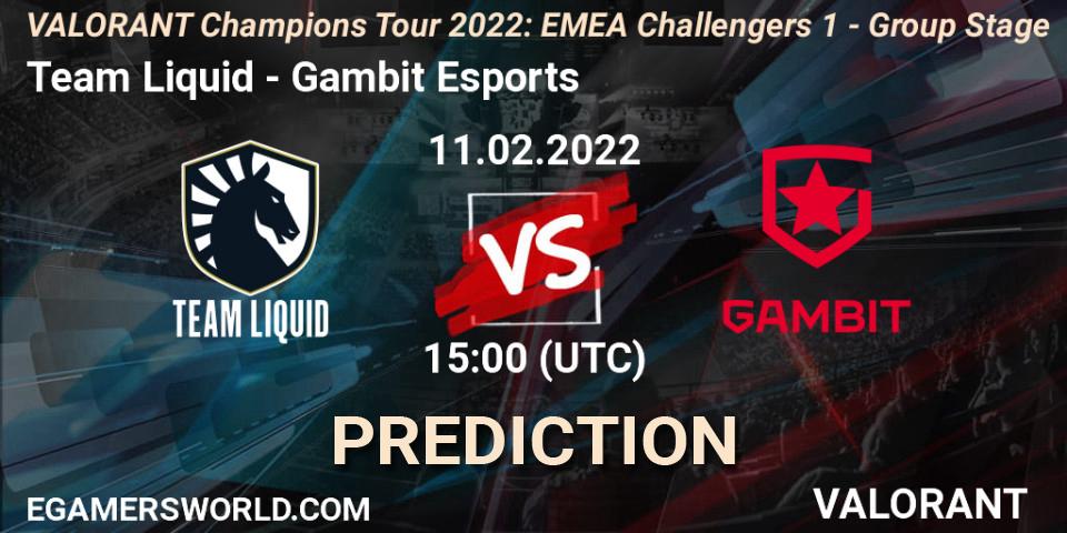 Prognose für das Spiel Team Liquid VS Gambit Esports. 11.02.2022 at 15:00. VALORANT - VCT 2022: EMEA Challengers 1 - Group Stage