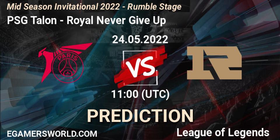 Prognose für das Spiel PSG Talon VS Royal Never Give Up. 24.05.2022 at 09:00. LoL - Mid Season Invitational 2022 - Rumble Stage