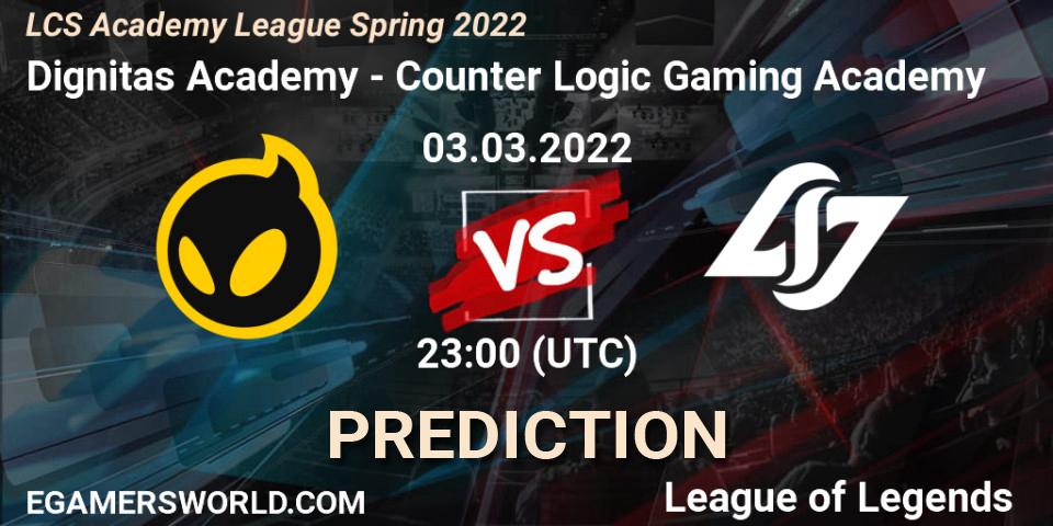 Prognose für das Spiel Dignitas Academy VS Counter Logic Gaming Academy. 03.03.2022 at 23:00. LoL - LCS Academy League Spring 2022
