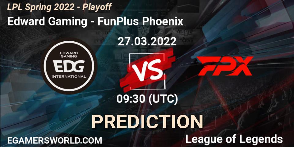Prognose für das Spiel Edward Gaming VS FunPlus Phoenix. 27.03.2022 at 08:45. LoL - LPL Spring 2022 - Playoff