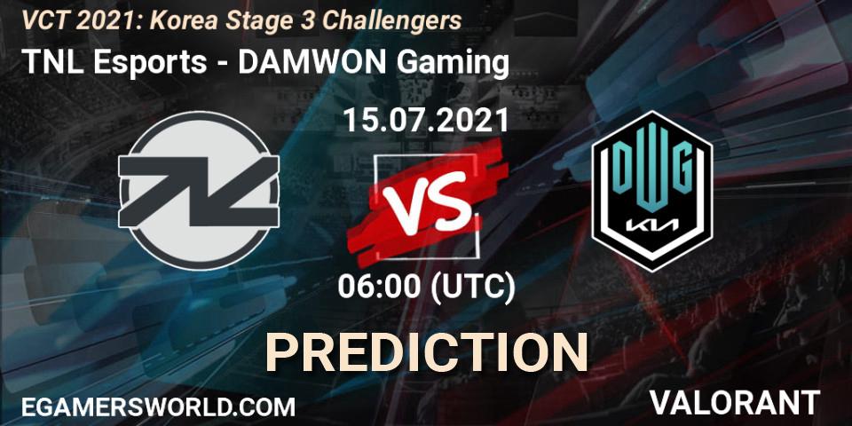 Prognose für das Spiel TNL Esports VS DAMWON Gaming. 15.07.2021 at 06:00. VALORANT - VCT 2021: Korea Stage 3 Challengers