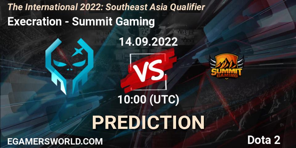 Prognose für das Spiel Execration VS Summit Gaming. 14.09.2022 at 12:02. Dota 2 - The International 2022: Southeast Asia Qualifier