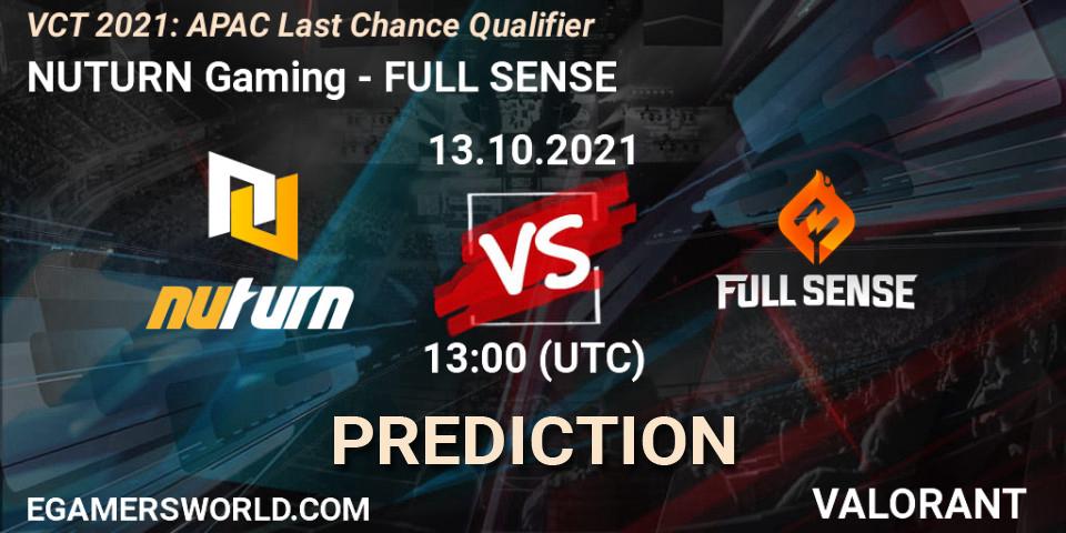 Prognose für das Spiel NUTURN Gaming VS FULL SENSE. 13.10.2021 at 12:00. VALORANT - VCT 2021: APAC Last Chance Qualifier