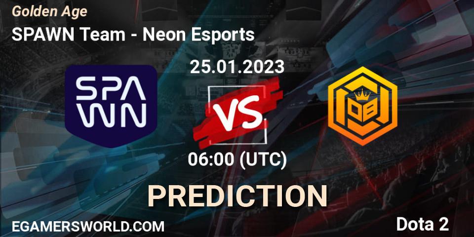 Prognose für das Spiel SPAWN Team VS Neon Esports. 25.01.2023 at 06:25. Dota 2 - Golden Age