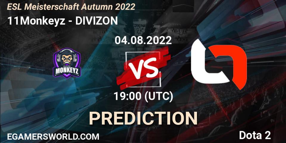 Prognose für das Spiel 11Monkeyz VS DIVIZON. 04.08.2022 at 19:25. Dota 2 - ESL Meisterschaft Autumn 2022