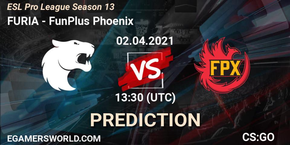 Prognose für das Spiel FURIA VS FunPlus Phoenix. 02.04.2021 at 13:30. Counter-Strike (CS2) - ESL Pro League Season 13