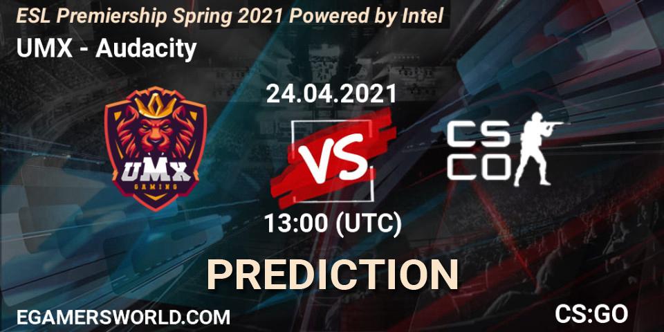 Prognose für das Spiel UMX VS Audacity eSports. 24.04.2021 at 13:00. Counter-Strike (CS2) - ESL Premiership: Spring 2021